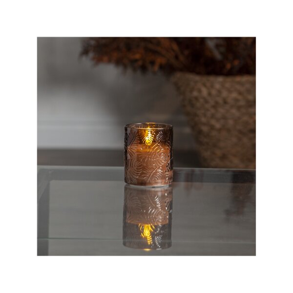 LED Stumpenkerze "Flamme Leaf" Braun – Glas, Timer, Ø 8,5 cm x 10 cm
