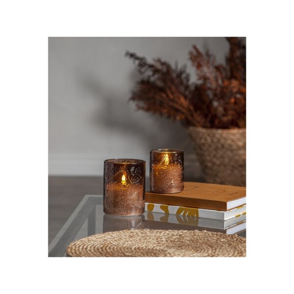 LED Stumpenkerze "Flamme Leaf" Braun – Glas, Timer, Ø 8,5 cm x 10 cm