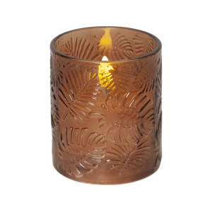 LED Stumpenkerze "Flamme Leaf" Braun – Glas, Timer, Ø 8,5 cm x 10 cm