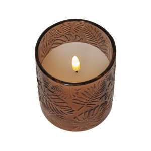 LED Stumpenkerze "Flamme Leaf" Braun – Glas, Timer, Ø 8,5 cm x 10 cm