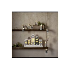 Lichterkette Villa – 10 Holzhäuschen mit warmweißen LEDs, Batterie, Timer