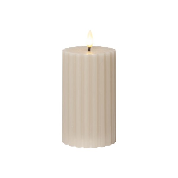 LED-Stumpenkerze Beige – 15?cm | Flamme Stripe mit Timer & geriffelter Oberfläche