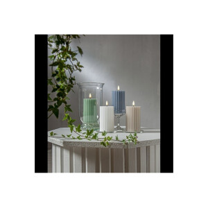 LED-Stumpenkerze Beige – 15?cm | Flamme Stripe mit Timer & geriffelter Oberfläche