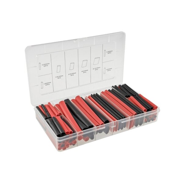 Schrumpfschlauch-Sortiment, 142-teilig Plastikbox, klebend, Ratio 3:1, schw+rot