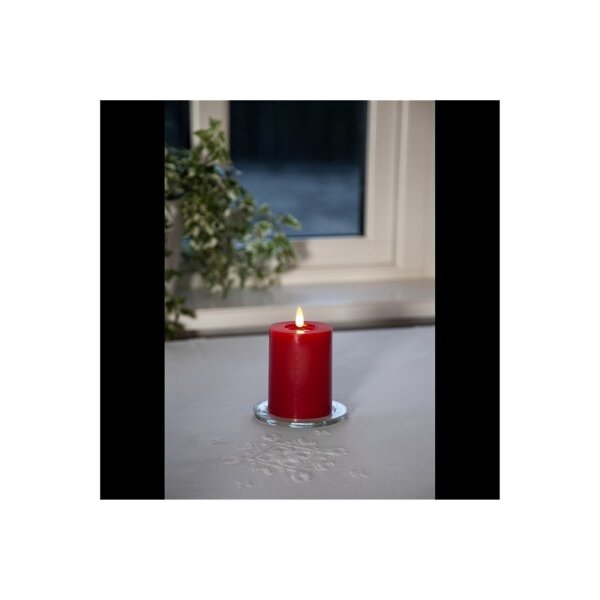 LED-Stumpenkerze Flamme Flow Rot – 12,5?cm mit glänzender Wachsoptik & Timer