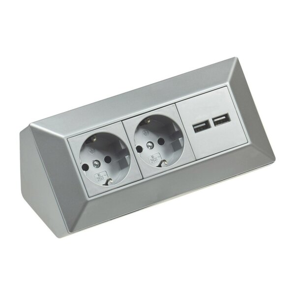 ChiliTec Steckdosenblock Ecksteckdose mit 2x USB 2 Schutzkontaktsteckdosen Aufbausteckdose 230V Unterbau Eck-Montage für Arbeitsplatte Küche Grau Silber