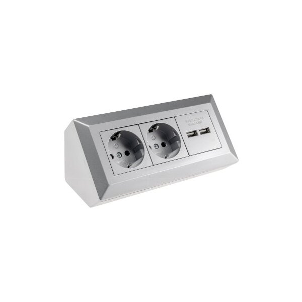 ChiliTec Steckdosenblock Ecksteckdose mit 2x USB 2 Schutzkontaktsteckdosen Aufbausteckdose 230V Unterbau Eck-Montage für Arbeitsplatte Küche Grau Silber