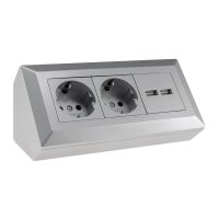 ChiliTec Steckdosenblock Ecksteckdose mit 2x USB 2 Schutzkontaktsteckdosen Aufbausteckdose 230V Unterbau Eck-Montage für Arbeitsplatte Küche Grau Silber