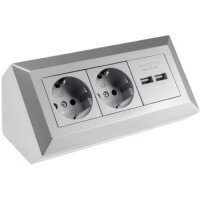 ChiliTec Steckdosenblock Ecksteckdose mit 2x USB 2 Schutzkontaktsteckdosen Aufbausteckdose 230V Unterbau Eck-Montage für Arbeitsplatte Küche Grau Silber